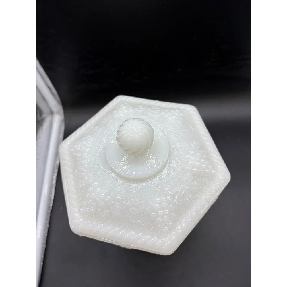Anchor Hocking Milk Glass Harvest Grape Hexagon Candy Dish with Lid Vintage